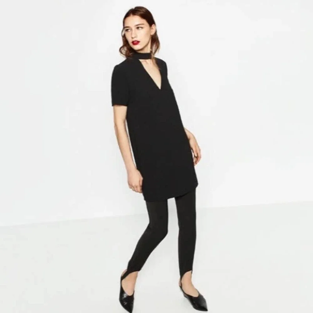 ZARA Plunge Choker Shift Dress Medium Black V-Neck Short Sleeve Back Zip #7289 - Picture 3 of 16